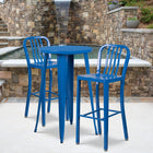 24'' Round Blue Metal Indoor-Outdoor Bar Table Set with 2 Vertical Slat Back Barstools [CH-51080BH-2-30VRT-BL-GG]-24"W x 24"D x 41"H