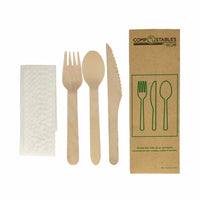 Globe Commercial Products Compostable Wooden Cutlery - 6.5" Knife - Fork - Spoon and Napkin in Paper Bag - 500 Pack-Birchwood