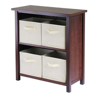 Winsome Verona 2-Section M Storage Shelf with 4 Foldable Beige Fabric Baskets, Antique Walnut-This storage shelf comes with 4 foldable beige fabric baskets.