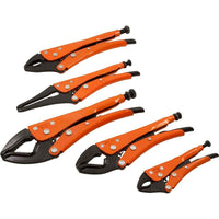 Gray Tools 5 Piece General Locking Plier Grip Set-Contains: 7" & 10" Locking Plier with Omnium Grip, 10" Locking Plier with curved jaws , 10" Locking Hose Clamp and 5" Locking Plier with Curved Jaws.