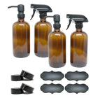 Wamaco 16oz Glass Bottle Spray And Liquid Pump Set, Amber, 4 Pack-Use for essential oils, sanitizer and cleaning solutions