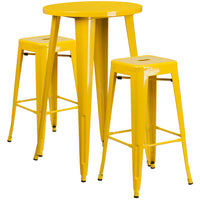 24'' Round Yellow Metal Indoor-Outdoor Bar Table Set with 2 Square Seat Backless Barstools (CH-51080BH-2-30SQST-YL-GG)-Indoor Outdoor Sets