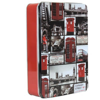 Grandma Wild's Iconic London Tin with Shortbread-A nostalgic traditional tin that illustrates London's ionic landmarks, iconic famous street signs, London Bridge, a London Taxi Cab, a Red Postbox, a red bobby and finally, the red telephone booth.