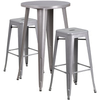 24'' Round Silver Metal Indoor-Outdoor Bar Table Set with 2 Square Seat Backless Barstools (CH-51080BH-2-30SQST-SIL-GG)-Indoor Outdoor Sets