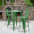 Flash Furniture 23.75" Square Green Metal Indoor-Outdoor Bar Table Set with 2 Stools with Backs-Set Includes Table and 2 Stools