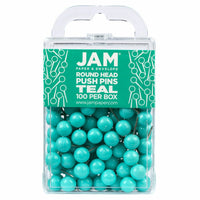JAM Paper Colorful Push Pins - Round Head Map Thumb Tacks - Teal - 100 Pack-Color: Teal
