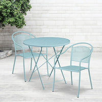 30'' Round Sky Blue Indoor-Outdoor Steel Folding Patio Table Set with 2 Round Back Chairs [CO-30RDF-03CHR2-SKY-GG]-Set Includes Folding Table and 2 Chairs