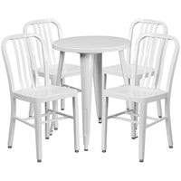 24'' Round White Metal Indoor-Outdoor Table Set with 4 Vertical Slat Back Chairs [CH-51080TH-4-18VRT-WH-GG]-Metal Cafe Table
