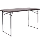Flash Furniture 23.5"W x 48.25"L Height Adjustable Bi-Fold Brown Wood Grain Plastic Folding Table with Carrying Handle-4' Folding Table