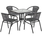 Flash Furniture 28" Square Glass Metal Table with Grey Rattan Edging & 4 Grey Rattan Stack Chairs-Table and Chair Set