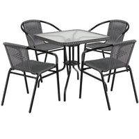 Flash Furniture 28" Square Glass Metal Table with Grey Rattan Edging & 4 Grey Rattan Stack Chairs-Table and Chair Set