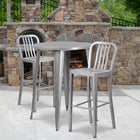 30'' Round Silver Metal Indoor-Outdoor Bar Table Set with 2 Vertical Slat Back Barstools [CH-51090BH-2-30VRT-SIL-GG]-30"W x 30"D x 41"H