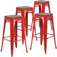 Flash Furniture 30" High Backless Metal Barstool with Square Wood Seat - Red-Set of 4 Stackable Industrial Style Modern Stools