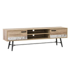 CorLiving TV Bench with Splayed Legs for TVs up to 80", Distressed Warm Beige with White Duotone-Unique, mid-century modern design becomes the focal point of your entertainment space