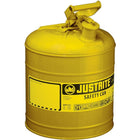 Justrite Type I Safety Cans without Funnel, 2 Gal, 9 1/2" x 13 3/4", Yellow-Compliant Type I Safety Cans are designed with a single spout for filling and pouring of all types of flammable liquids