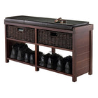 Winsome Colin Cushion Bench with Baskets-Seat Cushion is 36.22"W x 10.83"D x 1.97"H.  Basket shelf is 17.42"W x 11.42"D x 5.91"H.