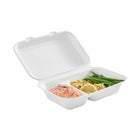 Globe Commercial Products 9" W x 6" D x 3" H Fibre Hinged Lid Bagasse Container - 2 Compartment - 200 Pack-200 Pack