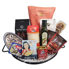 Dolce & Gourmando Paella Gift Basket-Comes with paella pan, natural paella seasoning with saffron, extra virgin olive oil (250 mL), Spanish rice (500g), Spanish olives, Chorizo Bellota, Spanish sardines, Jamon potato chips, sangria mix and orange slices