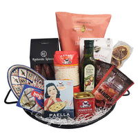 Dolce & Gourmando Paella Gift Basket-Comes with paella pan, natural paella seasoning with saffron, extra virgin olive oil (250 mL), Spanish rice (500g), Spanish olives, Chorizo Bellota, Spanish sardines, Jamon potato chips, sangria mix and orange slices