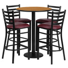 Flash Furniture 30" Round Natural Laminate Table Set with Round Base & 4 Ladder Back Metal Barstools - Burgundy Vinyl Seat-Bar Height Table and Stool Set