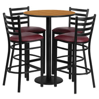 Flash Furniture 30" Round Natural Laminate Table Set with Round Base & 4 Ladder Back Metal Barstools - Burgundy Vinyl Seat-Bar Height Table and Stool Set