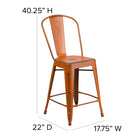 Flash Furniture 24" High Distressed Orange Metal Indoor-Outdoor Counter Height Stool with Back-Footrest