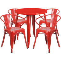 30'' Round Red Metal Indoor-Outdoor Table Set with 4 Arm Chairs (CH-51090TH-4-18ARM-RED-GG)-Indoor Outdoor Sets