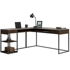 Sauder 66"W International Lux L-Desk - Deco Stone/Umber Wood-Open storage with fixed shelf. Cubbyhole storage. Finished on all sides for versatile placement.