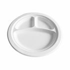 Globe Commercial Products 9" Round Fibre Bagasse Compostable Plate - 3 Compartment - 500 Pack-Diameter: 9"