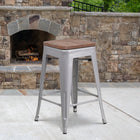 Flash Furniture 24" High Backless Silver Metal Counter Height Stool with Square Wood Seat-Backless Design