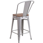 Flash Furniture 24" High Silver Metal Counter Height Stool with Back & Wood Seat-Textured Walnut Elm Wood Seat