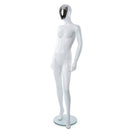 Can-Bramar Adult Female Abstract Mannequin - Glass Base - Glossy White Body/ Silver Face (RPFF-2)-Removable Arms, One leg and the Torso at the Hip
