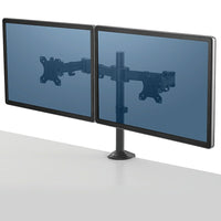 Fellowes Reflex Dual Monitor Arm-Set up your monitors with ease with detachable VESA plates, holds 2 monitors up to 27" and 17.6 lbs. each