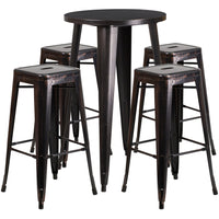 Flash Furniture Commercial Grade 24" Round Black-Antique Gold Metal Indoor-Outdoor Bar Table Set with 4 Stools-Bar Height Table and Stool Set