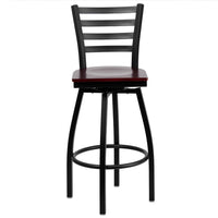 Flash Furniture HERCULES Series Black Ladder Back Swivel Metal Barstool - Mahogany Wood Seat - 2 Pack-Set of 2 Metal Dining Bar Stools