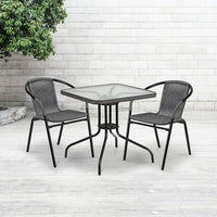 Flash Furniture 28" Square Tempered Glass Metal Table with Grey Rattan Edging-Patio Table