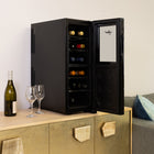 Koolatron 12 Bottle Dual Zone Wine Cooler, 1.2 cu. ft. (33L) Freestanding Wine Fridge - Black-Temperature range of 55-66 degrees F (12-18 degrees C) in the upper zone and 42-66 degrees F (6-18 degrees C) in the lower zone