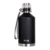 PURE Drinkware Stainless Steel Beer Growler with Leather Strap, 64 oz., Black-Vacuum insulated stainless steel beer growler