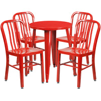 24'' Round Red Metal Indoor-Outdoor Table Set with 4 Vertical Slat Back Chairs [CH-51080TH-4-18VRT-RED-GG]-Metal Cafe Table