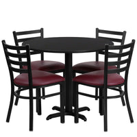 Flash Furniture 36" Round Black Laminate Table Set with X-Base & 4 Ladder Back Metal Chairs - Burgundy Vinyl Seat-Table and Chair Set