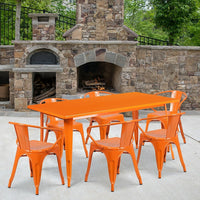 Flash Furniture 31.5'' x 63'' Rectangular Orange Metal Indoor-Outdoor Table Set with 6 Arm Chairs (ET-CT005-6-70-OR-GG)-Galvanized Steel, Metal, Rubber