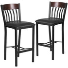 Tabouret de bar de la série Eclipse en métal noir et bois de noyer avec dossier vertical et siège en vinyle noir-Dossier à lattes verticales en bois noyer