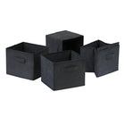 Winsome Capri Foldable Black Fabric Baskets, Black, 4 Pack-Set of 4 Foldable black fabric containers.  Use as a magazine holder, file holder, art project holder.  They are great for decorative storage and organization: washcloths in the bathroom, note pads at work, personal items in chest of drawers.  When not in use, they fold for easy storage.