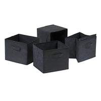 Winsome Capri Foldable Black Fabric Baskets, Black, 4 Pack-Set of 4 Foldable black fabric containers.  Use as a magazine holder, file holder, art project holder.  They are great for decorative storage and organization: washcloths in the bathroom, note pads at work, personal items in chest of drawers.  When not in use, they fold for easy storage.