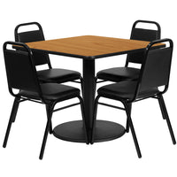 Flash Furniture 36" Square Natural Laminate Table Set with Round Base & 4 Black Trapezoidal Back Banquet Chairs-Table and Chair Set