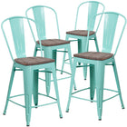 Flash Furniture 24" High Mint Green Metal Counter Height Stool with Back & Wood Seat-Set of 4 Bistro Style Counter Stools
