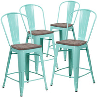 Flash Furniture 24" High Mint Green Metal Counter Height Stool with Back & Wood Seat-Set of 4 Bistro Style Counter Stools