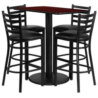 Flash Furniture 24''W x 42''L Mahogany Laminate Round Base Table Set with 4 Ladder Back Metal Bar Stools, Black Vinyl Seat-Black Powder Coated Chair and Table Frame