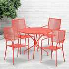 35.25'' Round Coral Indoor-Outdoor Steel Patio Table Set with 4 Square Back Chairs [CO-35RD-02CHR4-RED-GG]-Set Includes Table and 4 Chairs