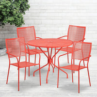 35.25'' Round Coral Indoor-Outdoor Steel Patio Table Set with 4 Square Back Chairs [CO-35RD-02CHR4-RED-GG]-Set Includes Table and 4 Chairs